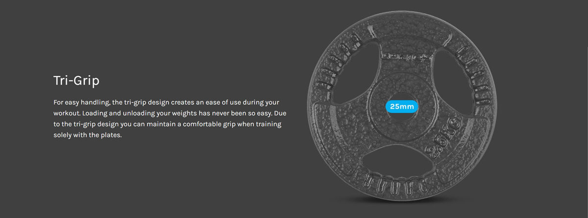 Tri-grip weight plate with 25mm center hole